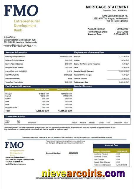 Netherlands FMO Bank mortgage statement Word and PDF template